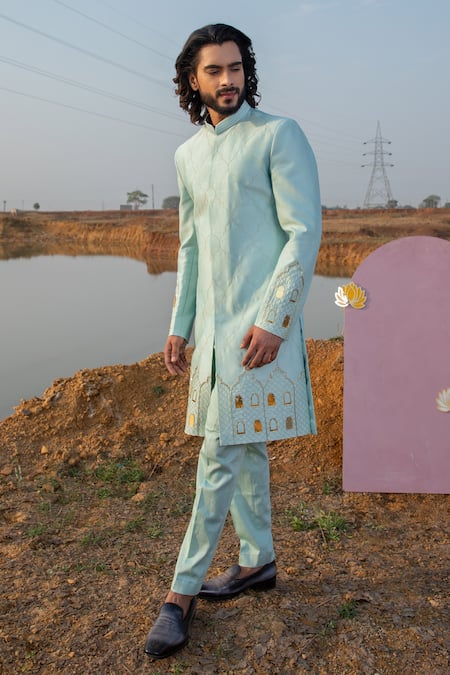 Runit Gupta Cloudy Castle Chanderi Silk Embroidered Sherwani Set 