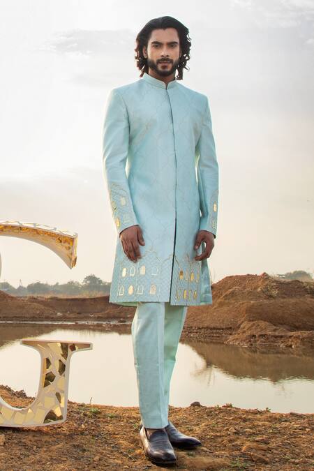 Runit Gupta_Blue Sherwani Chanderi Silk Embroidery Thread Cloudy Castle Set _Online_at_Aza_Fashions