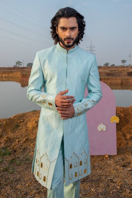 Shop_Runit Gupta_Blue Sherwani Chanderi Silk Embroidery Thread Cloudy Castle Set _Online_at_Aza_Fashions