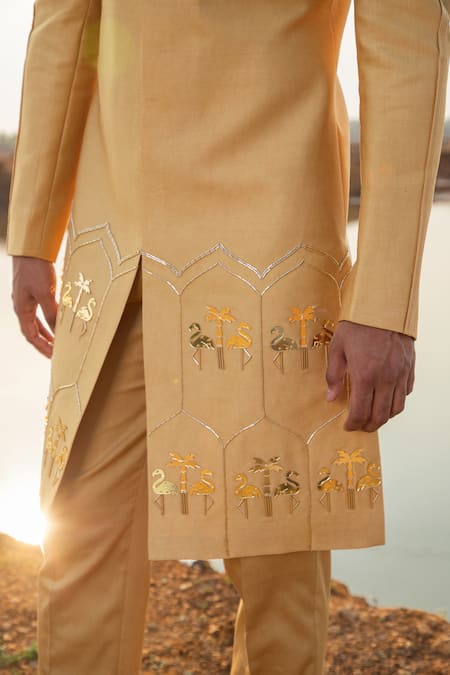 Buy_Runit Gupta_Gold Sherwani Chanderi Silk Embroidery Cutpipe Glow Flamingo Embellished Set _Online_at_Aza_Fashions