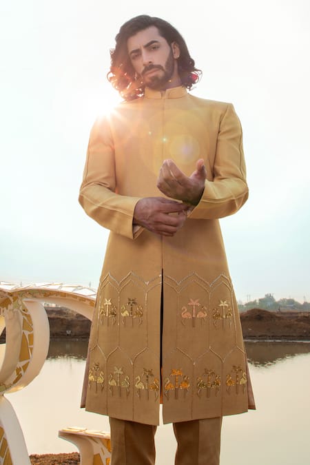 Shop_Runit Gupta_Gold Sherwani Chanderi Silk Embroidery Cutpipe Glow Flamingo Embellished Set _Online_at_Aza_Fashions