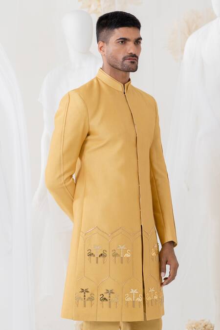 Runit Gupta_Gold Sherwani Chanderi Silk Embroidery Cutpipe Glow Flamingo Embellished Set _at_Aza_Fashions