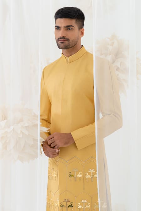 Buy_Runit Gupta_Gold Sherwani Chanderi Silk Embroidery Cutpipe Glow Flamingo Embellished Set 
