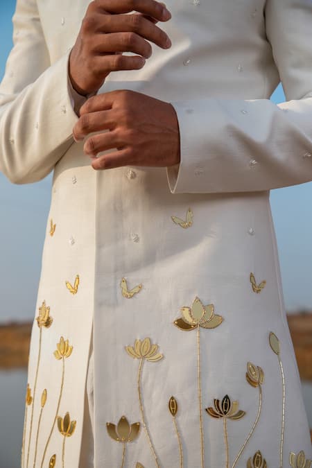 Runit Gupta_Ivory Sherwani Chanderi Silk Embroidery Bloom Applique Embellished And Kurta Set _Online_at_Aza_Fashions
