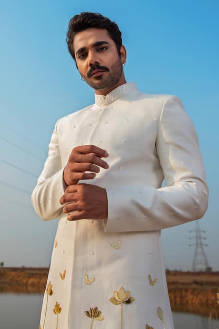 Buy_Runit Gupta_Ivory Sherwani Chanderi Silk Embroidery Bloom Applique Embellished And Kurta Set _Online_at_Aza_Fashions