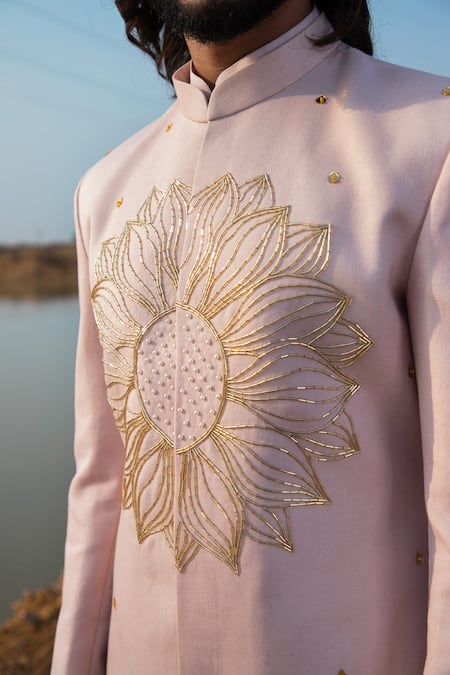 Runit Gupta_Pink Sherwani Cotton Linen Embroidery Summer Applique Embellished And Kurta Set _Online_at_Aza_Fashions