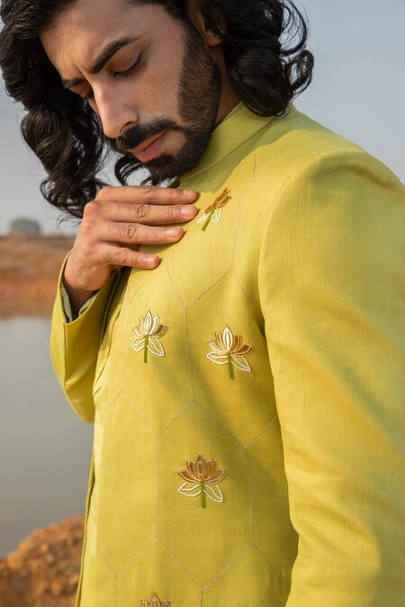 Runit Gupta_Green Sherwani Cotton Linen Embroidery Cutpipe Lotus Applique Embellished Set _Online_at_Aza_Fashions