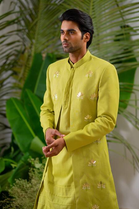 Buy_Runit Gupta_Green Sherwani Cotton Linen Embroidery Cutpipe Lotus Applique Embellished Set _Online_at_Aza_Fashions