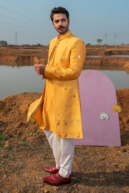 Runit Gupta Chanderi Silk Reindeer Embellished Sherwani Set 