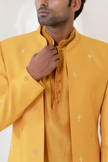 Runit Gupta_Gold Sherwani And Kurta Chanderi Silk Embroidery Pearl Reindeer Embellished Set _Online_at_Aza_Fashions