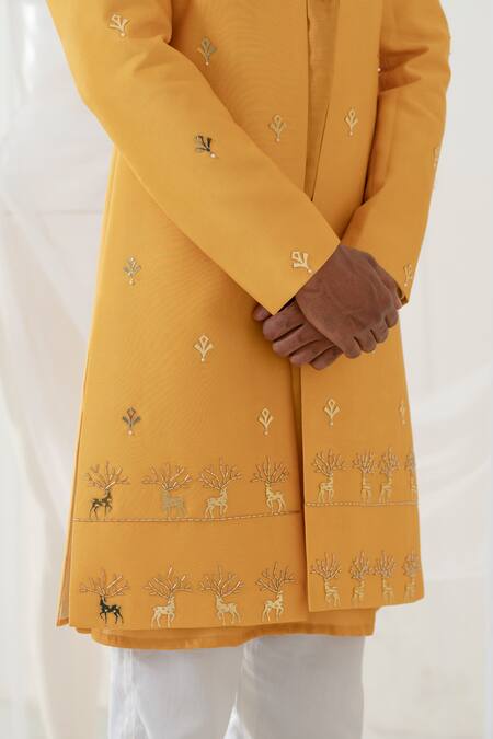 Buy_Runit Gupta_Gold Sherwani And Kurta Chanderi Silk Embroidery Pearl Reindeer Embellished Set _Online_at_Aza_Fashions