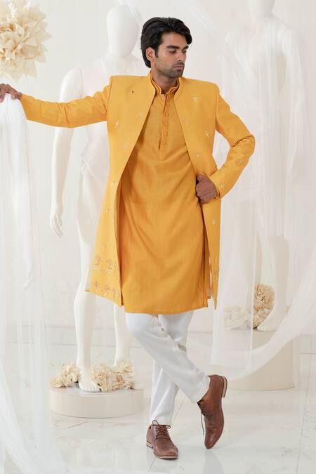 Shop_Runit Gupta_Gold Sherwani And Kurta Chanderi Silk Embroidery Pearl Reindeer Embellished Set _Online_at_Aza_Fashions