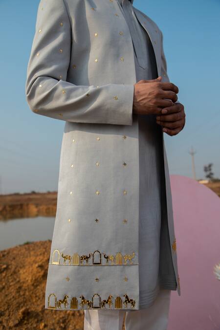 Runit Gupta_Grey Sherwani Cotton Linen Embroidery Cutpipe Applique Embellished Set _Online_at_Aza_Fashions