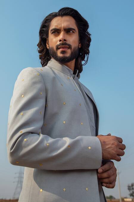 Buy_Runit Gupta_Grey Sherwani Cotton Linen Embroidery Cutpipe Applique Embellished Set _Online_at_Aza_Fashions