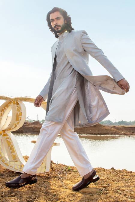 Shop_Runit Gupta_Grey Sherwani Cotton Linen Embroidery Cutpipe Applique Embellished Set _Online_at_Aza_Fashions