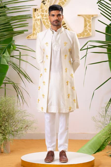 Buy_Runit Gupta_Ivory Sherwani And Kurta Chanderi Silk Embroidery Reindeer Applique & Set _Online_at_Aza_Fashions