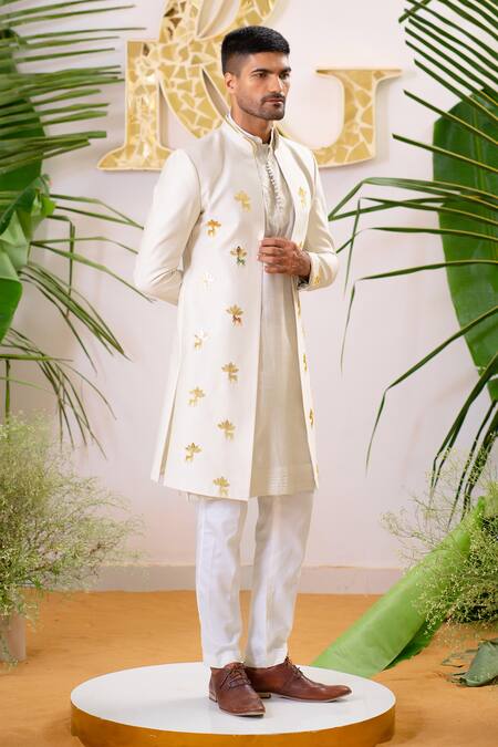 Shop_Runit Gupta_Ivory Sherwani And Kurta Chanderi Silk Embroidery Reindeer Applique & Set _Online_at_Aza_Fashions