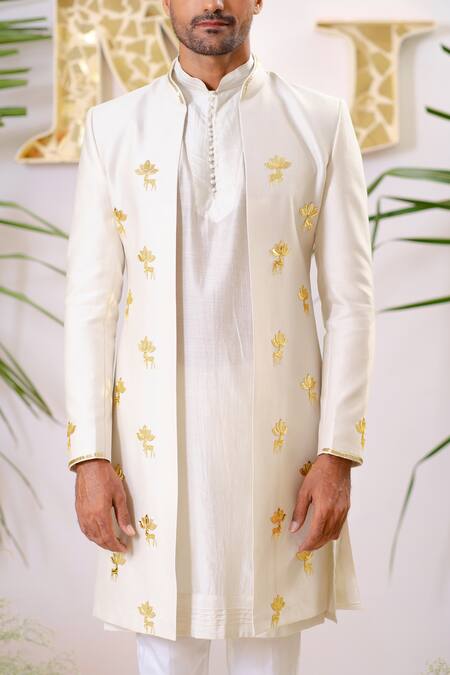 Runit Gupta_Ivory Sherwani And Kurta Chanderi Silk Embroidery Reindeer Applique & Set _at_Aza_Fashions