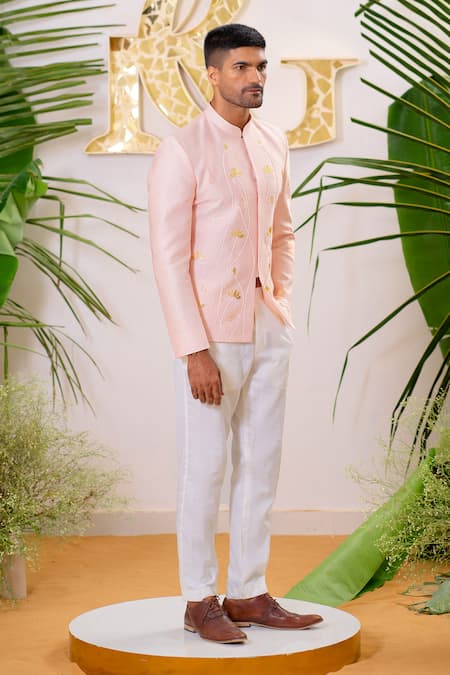 Shop_Runit Gupta_Pink Jodhpuri Chanderi Silk Embroidery Cutpipe Lotus Set _at_Aza_Fashions