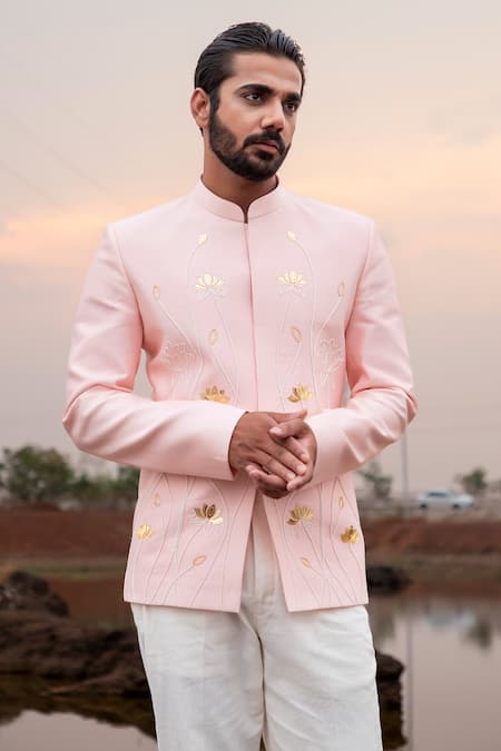 Runit Gupta_Pink Jodhpuri Chanderi Silk Embroidery Cutpipe Lotus Set _Online_at_Aza_Fashions