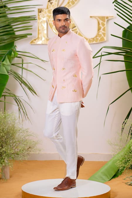 Shop_Runit Gupta_Pink Jodhpuri Chanderi Silk Embroidery Cutpipe Lotus Set _Online_at_Aza_Fashions