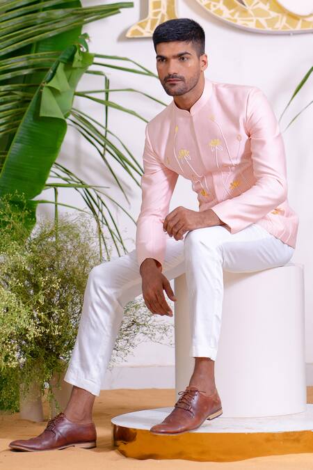 Runit Gupta_Pink Jodhpuri Chanderi Silk Embroidery Cutpipe Lotus Set _at_Aza_Fashions
