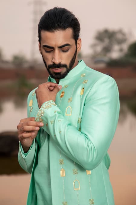 Runit Gupta_Green Chanderi Silk, Cotton, Linen Zari, Khidki Applique Jodhpuri Set _Online_at_Aza_Fashions