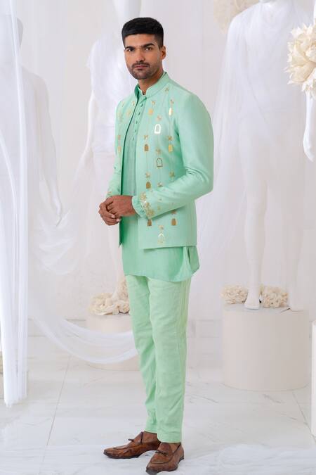Buy_Runit Gupta_Green Chanderi Silk, Cotton, Linen Zari, Khidki Applique Jodhpuri Set _Online_at_Aza_Fashions