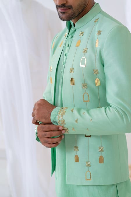 Runit Gupta_Green Chanderi Silk, Cotton, Linen Zari, Khidki Applique Jodhpuri Set _at_Aza_Fashions