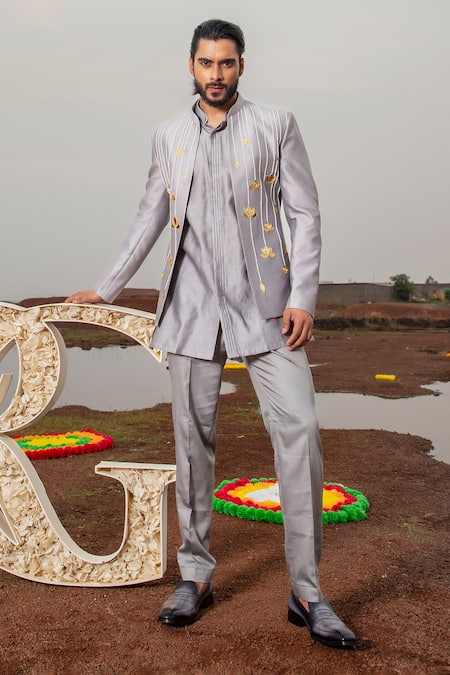 Runit Gupta Lotus Applique Embroidered Jodhpuri Set 