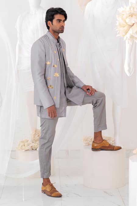 Runit Gupta Lotus Applique Embroidered Jodhpuri Set 