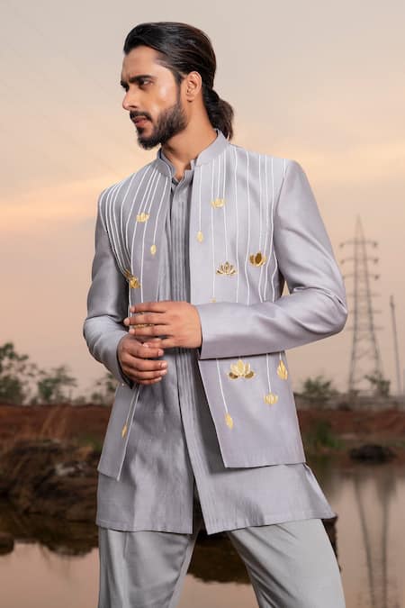 Buy_Runit Gupta_Grey Jodhpuri And Kurta Chanderi Silk Embroidery Pearl Lotus Applique Set _Online_at_Aza_Fashions