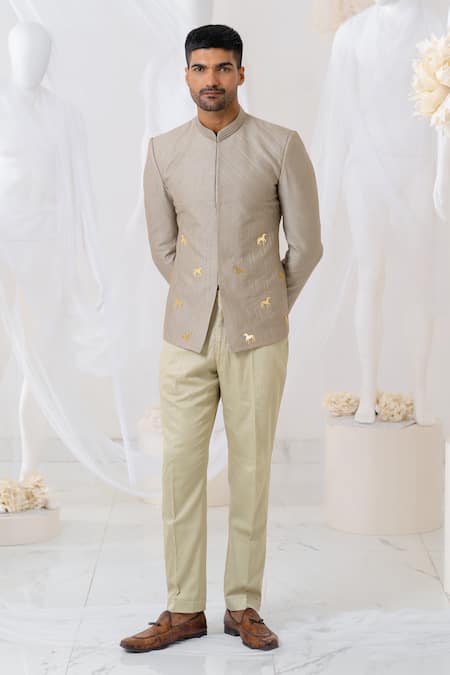 Buy_Runit Gupta_Grey Jodhpuri Chanderi Silk Embroidery Applique Horse Set 