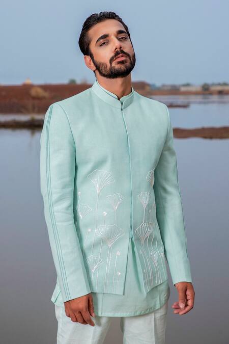 Runit Gupta_Blue Jodhpuri And Pant Pyjama Cotton Linen Embroidery Floral Pattern & Kurta Set _Online_at_Aza_Fashions