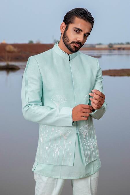 Buy_Runit Gupta_Blue Jodhpuri And Pant Pyjama Cotton Linen Embroidery Floral Pattern & Kurta Set _Online_at_Aza_Fashions