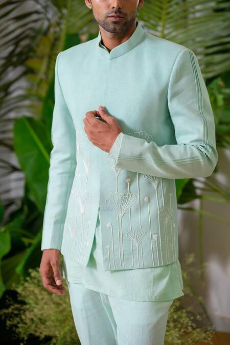 Shop_Runit Gupta_Blue Jodhpuri And Pant Pyjama Cotton Linen Embroidery Floral Pattern & Kurta Set _Online_at_Aza_Fashions