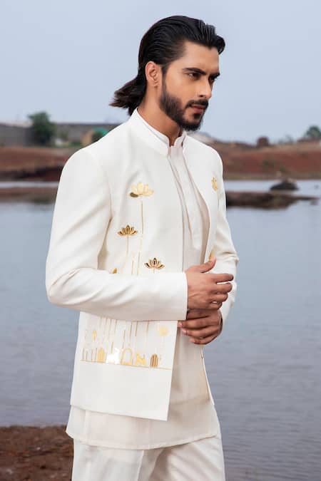 Runit Gupta Ivory Jodhpuri And Kurta Chanderi Silk Embroidery Cutpipe Bloom Applique & Set Online at Aza Fashions Runit Gupta_Ivory Jodhpuri And Kurta Chanderi Silk Embroidery Cutpipe Bloom Applique & Set _Online_at_Aza_Fashions