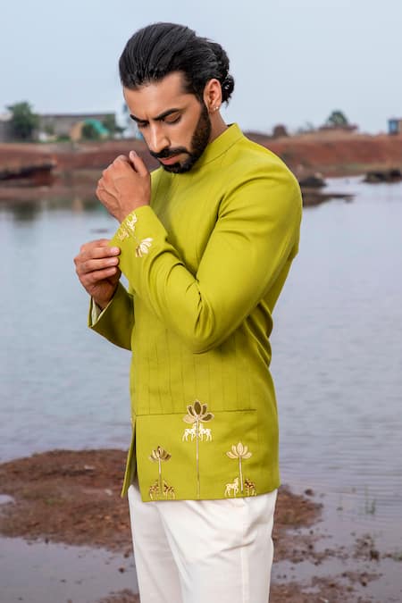 Runit Gupta_Green Cotton Linen Embroidery Cutpipe Reindeer Meadow Jodhpuri Set _Online_at_Aza_Fashions