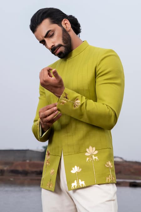 Buy_Runit Gupta_Green Cotton Linen Embroidery Cutpipe Reindeer Meadow Jodhpuri Set _Online_at_Aza_Fashions