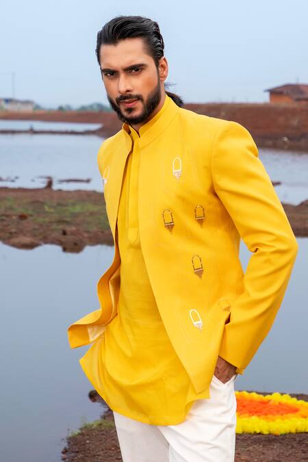 Buy Runit Gupta Gold Jodhpuri And Pant Pyjama Cotton Linen Khidki Applique & Kurta Set Online at Aza Fashions Buy_Runit Gupta_Gold Jodhpuri And Pant Pyjama Cotton Linen Khidki Applique & Kurta Set _Online_at_Aza_Fashions