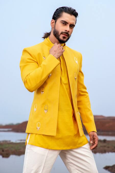 Shop Runit Gupta Gold Jodhpuri And Pant Pyjama Cotton Linen Khidki Applique & Kurta Set Online at Aza Fashions Shop_Runit Gupta_Gold Jodhpuri And Pant Pyjama Cotton Linen Khidki Applique & Kurta Set _Online_at_Aza_Fashions