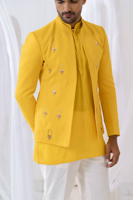 Runit Gupta Gold Jodhpuri And Pant Pyjama Cotton Linen Khidki Applique & Kurta Set at Aza Fashions Runit Gupta_Gold Jodhpuri And Pant Pyjama Cotton Linen Khidki Applique & Kurta Set _at_Aza_Fashions
