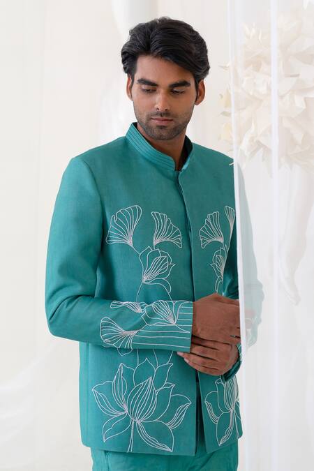 Buy_Runit Gupta_Blue Chanderi Silk Embroidery Cutdana Jodhpuri Set _Online_at_Aza_Fashions