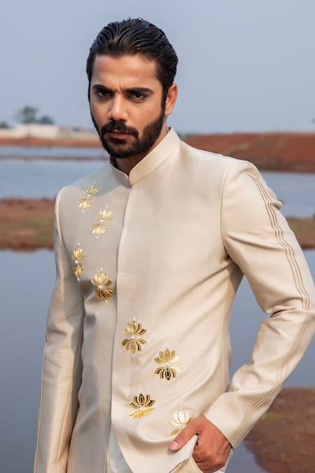 Runit Gupta_Brown Jodhpuri Chanderi Silk Embroidery Pearl Enchanted Lotus Applique Set _Online_at_Aza_Fashions