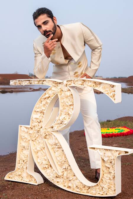 Shop_Runit Gupta_Brown Jodhpuri Chanderi Silk Embroidery Pearl Enchanted Lotus Applique Set _Online_at_Aza_Fashions