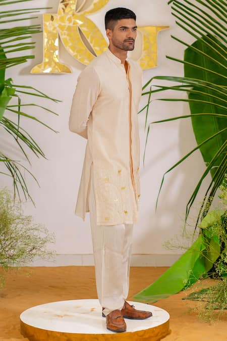 Shop_Runit Gupta_Beige Kurta Chanderi Silk Hand Embroidered Metallic Trims Soothing Camel Set _at_Aza_Fashions