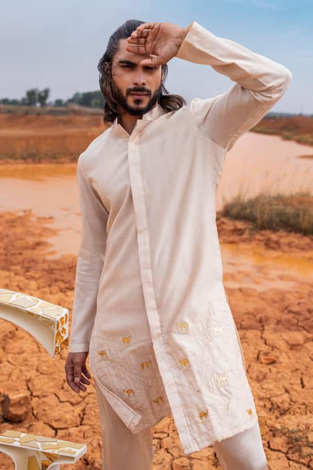 Runit Gupta_Beige Kurta Chanderi Silk Hand Embroidered Metallic Trims Soothing Camel Set _Online_at_Aza_Fashions