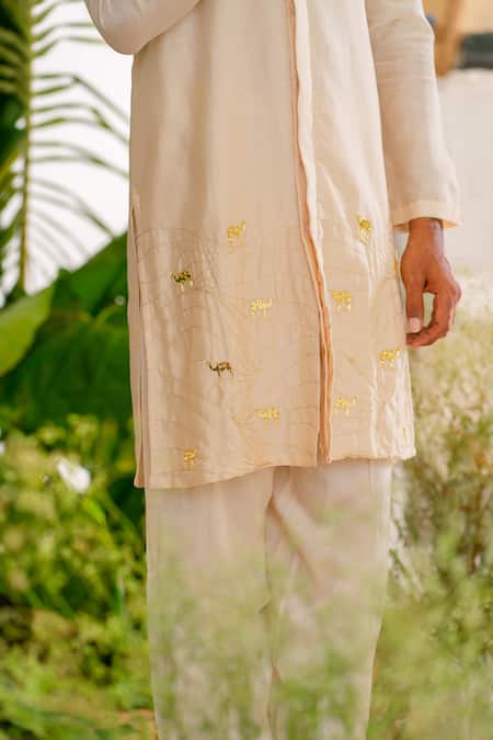 Buy_Runit Gupta_Beige Kurta Chanderi Silk Hand Embroidered Metallic Trims Soothing Camel Set _Online_at_Aza_Fashions