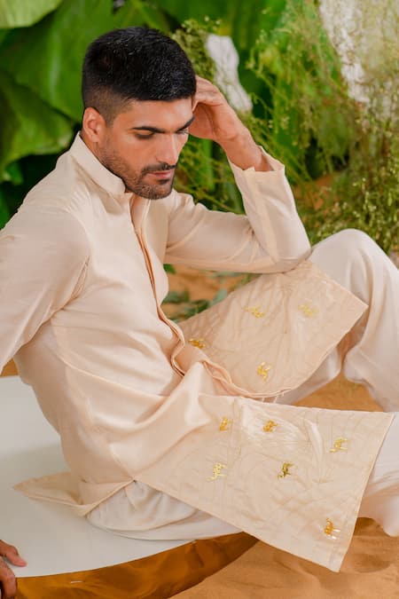 Shop_Runit Gupta_Beige Kurta Chanderi Silk Hand Embroidered Metallic Trims Soothing Camel Set _Online_at_Aza_Fashions