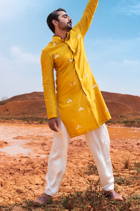 Shop_Runit Gupta_Yellow Kurta Chanderi Silk Hand Embroidered Metallic Trims And Regal Lotus Set _at_Aza_Fashions